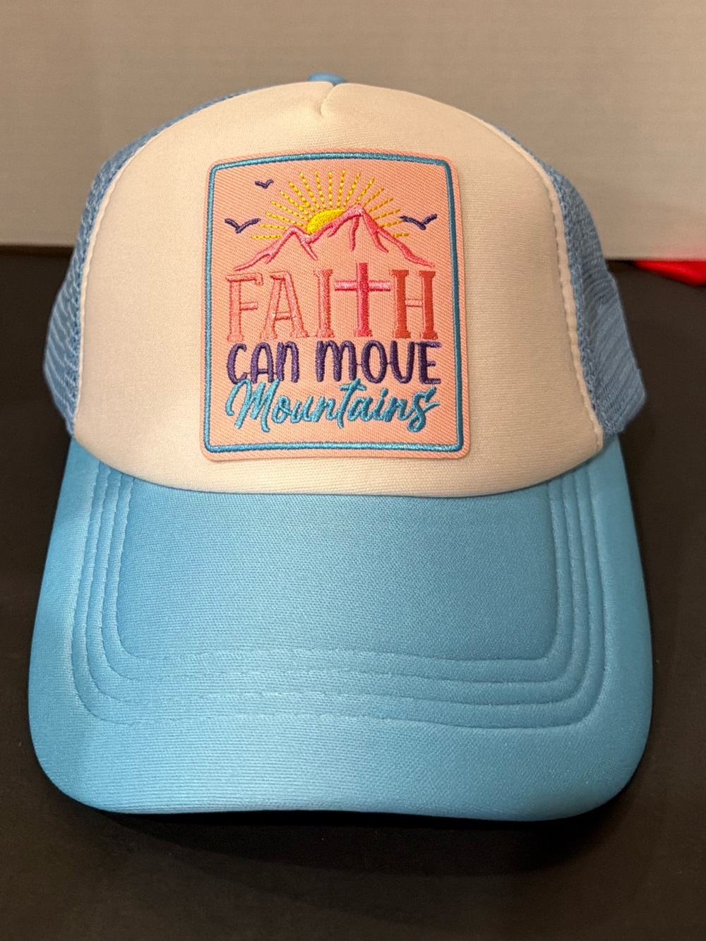 Faith Can Move Mountains Light Blue Trucker Hat. Custom. New.